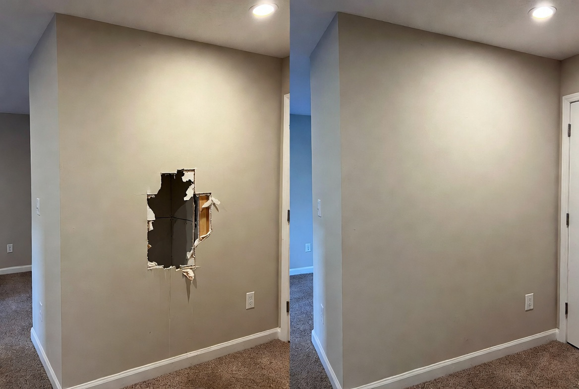 Before and after drywall hole repair in Toronto condo